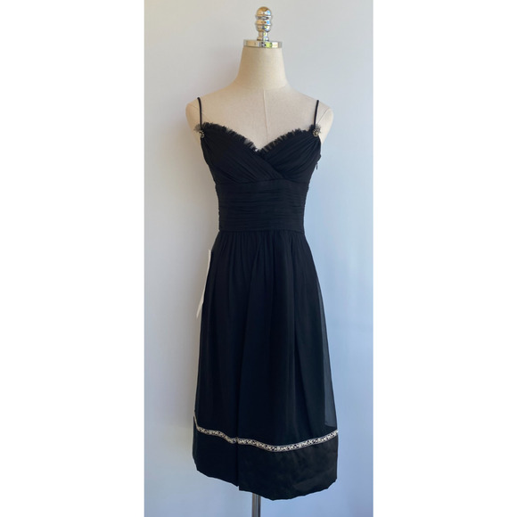 Laundry by Shelli Segal Black Silk Sleeveless Dress Velvet Trim Women's Size 0 - Picture 1 of 15